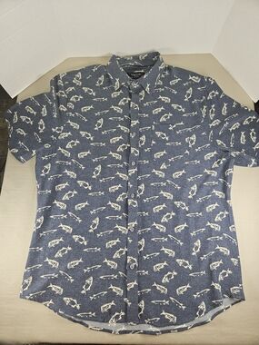 Visitor Premium Blue Short-Sleeve Fish Print Button-Down Shirt